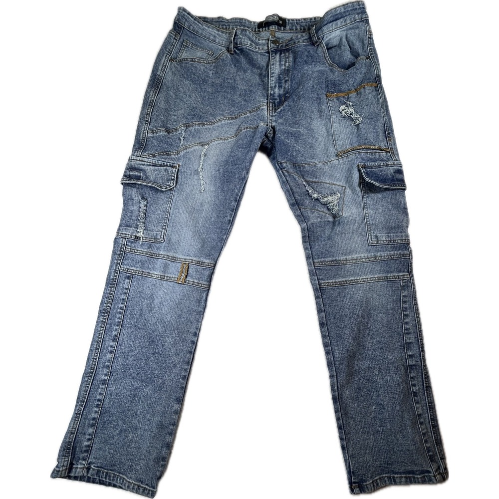 GS115 Hyper Force Denim Mens 36 Distressed Cargo Jeans Blue Straight Leg Street